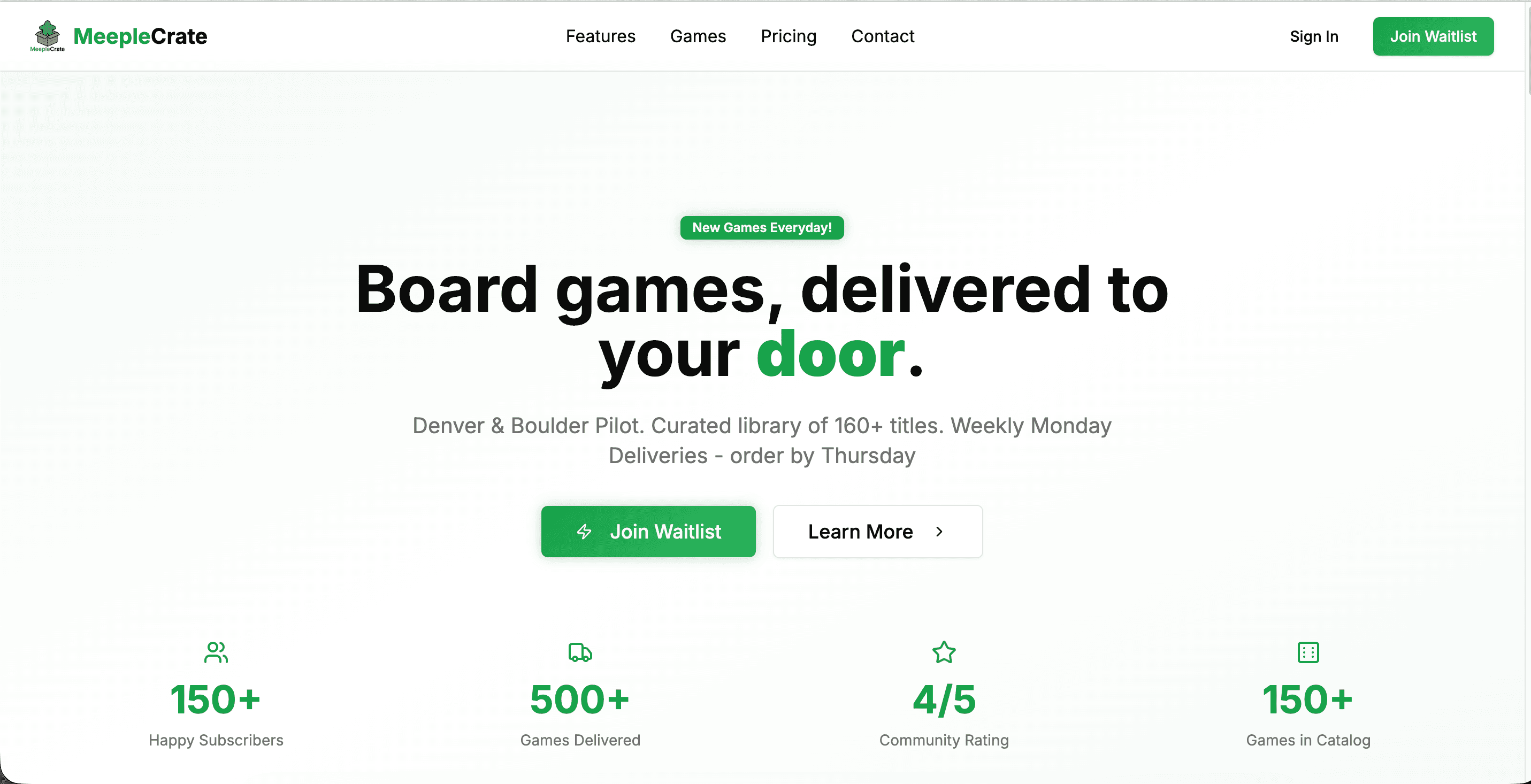 MeepleCrate homepage: 'Board games, delivered to your door.'