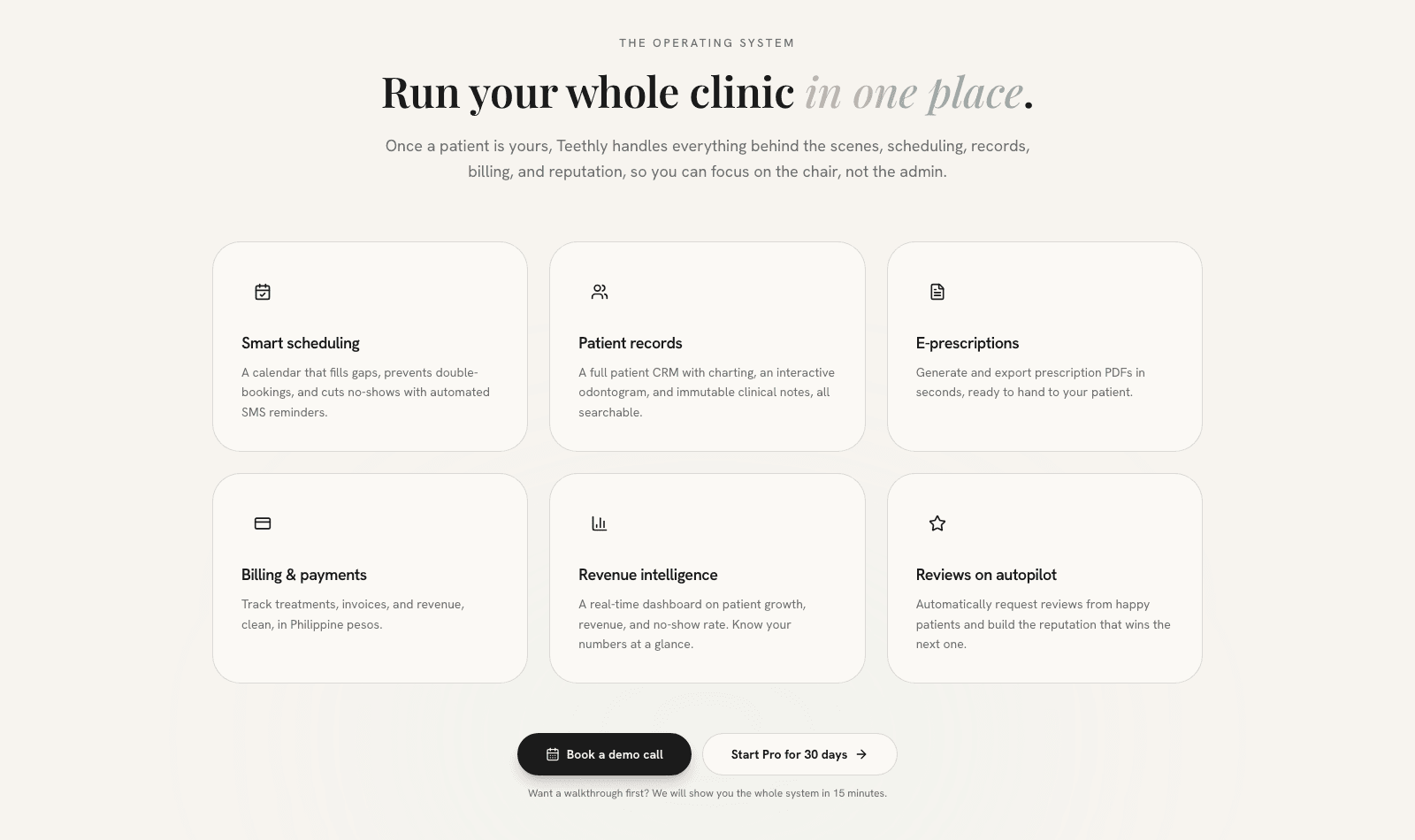 Teethly's clinic operating system page showing smart scheduling, patient records, e-prescriptions, billing, revenue intelligence and automated reviews.