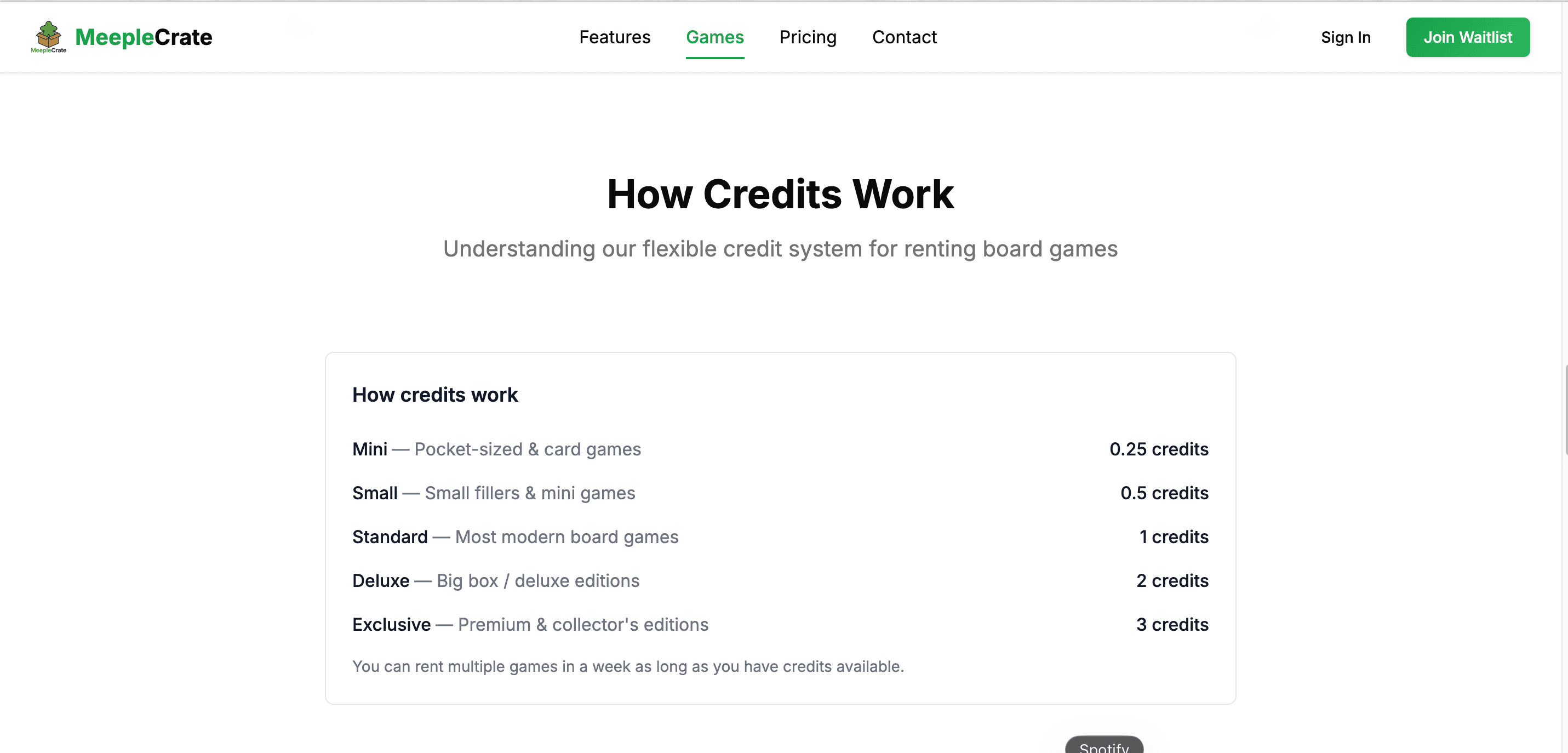 Table explaining credit cost per game size, from Mini at 0.25 to Exclusive at 3 credits.