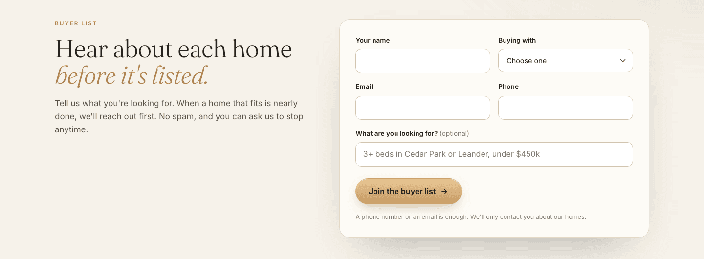 Buyer list form: name, buying with, email, phone and what the buyer is looking for.