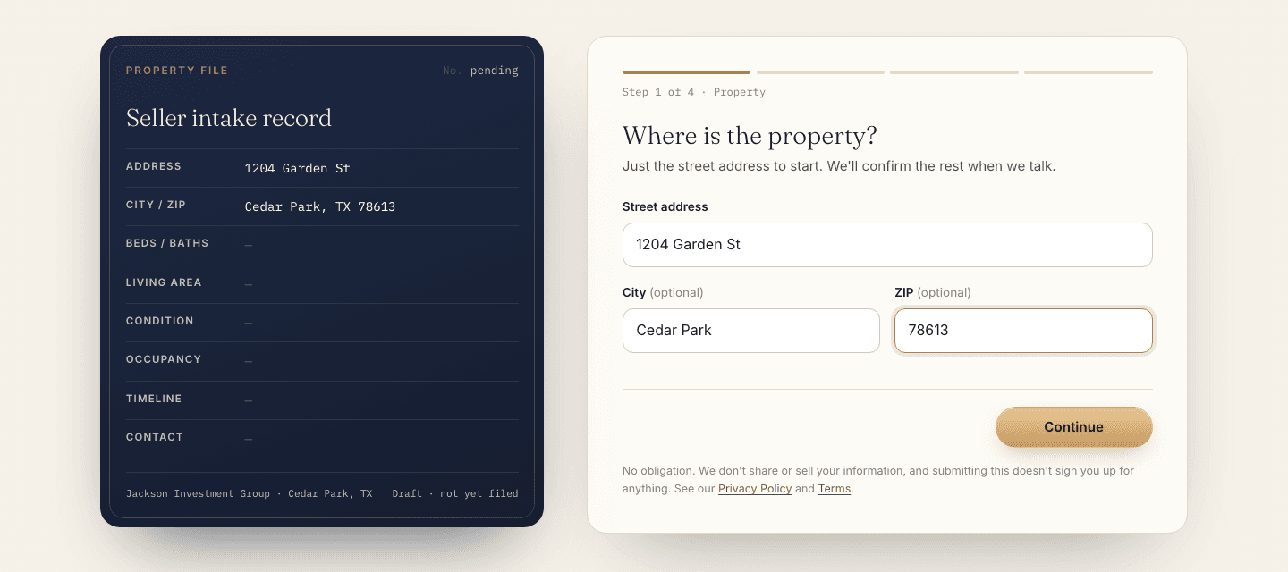 Four-step 'Open a property file' form beside a seller intake record filling in as the seller types.