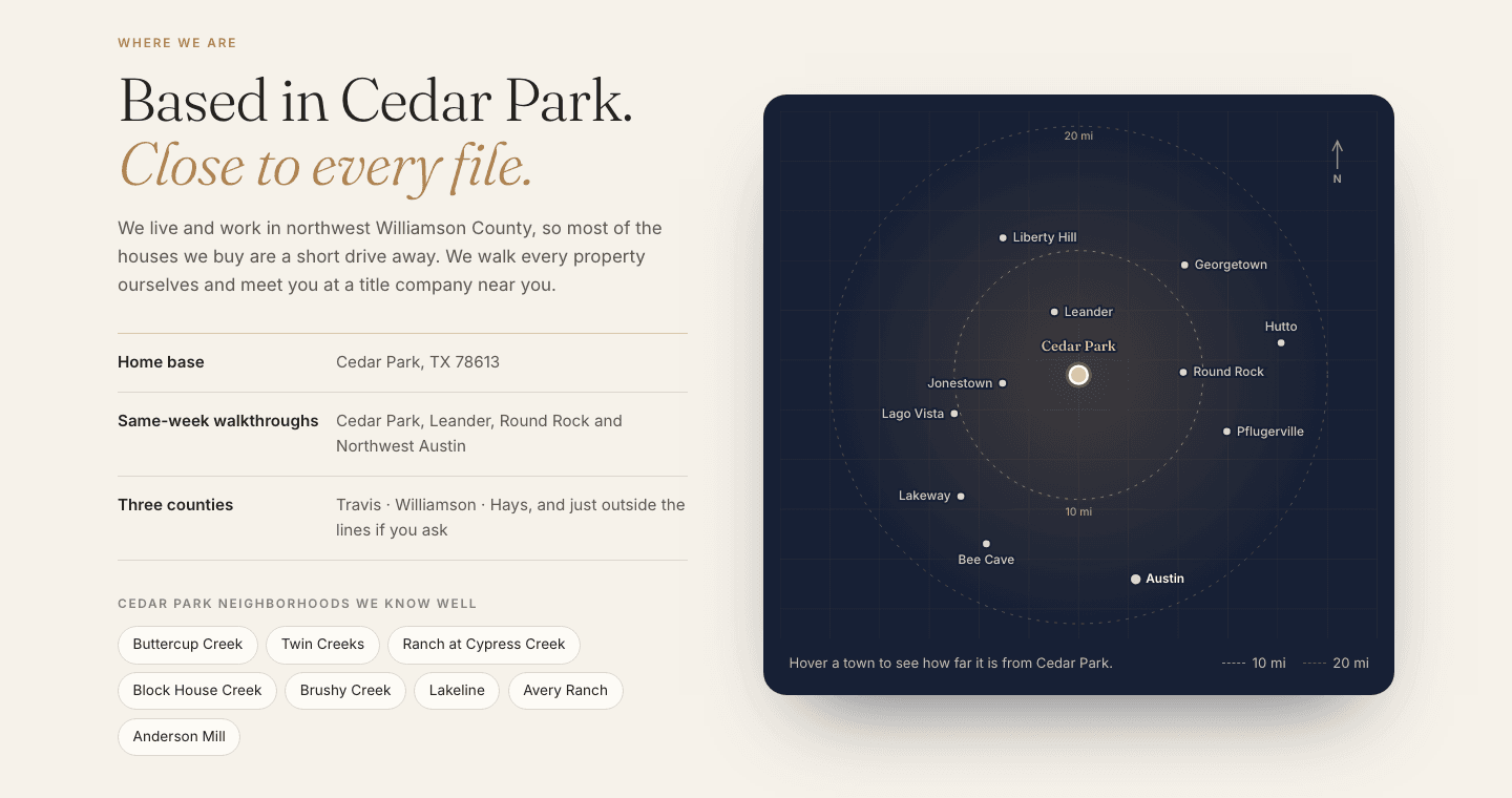 Service-area section: Cedar Park home base, same-week walkthrough areas, neighborhood chips and an interactive map of nearby towns.
