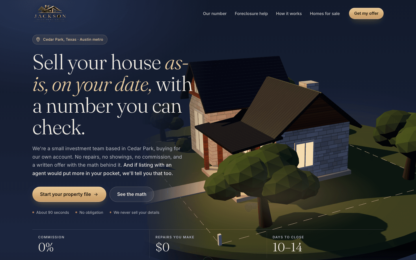 Jackson Properties homepage: 'Sell your house as-is, on your date, with a number you can check,' beside a 3D low-poly house, with 0% commission, $0 repairs and 10–14 days to close.