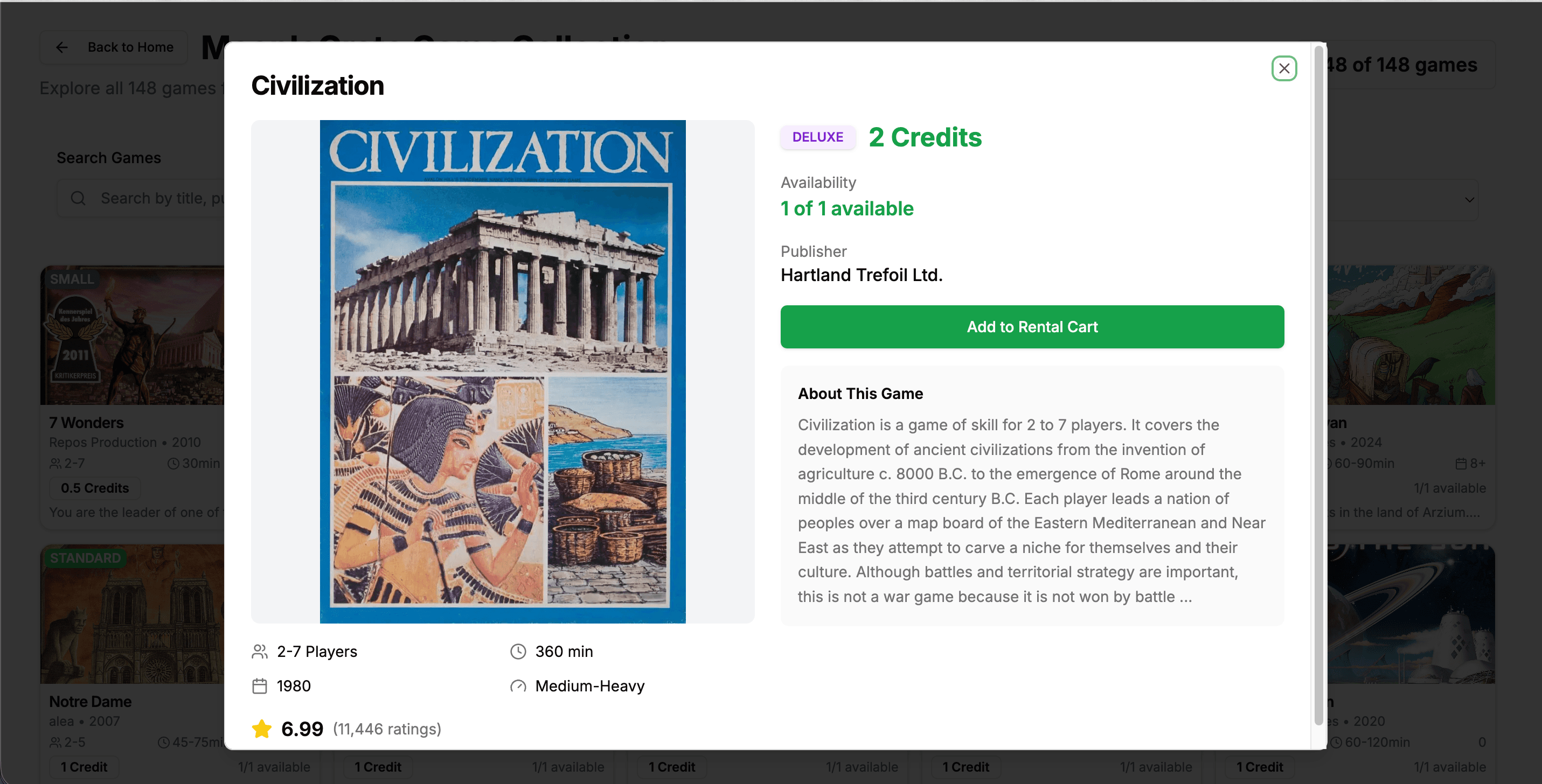 Game detail modal for Civilization showing credits, availability and BGG metadata.