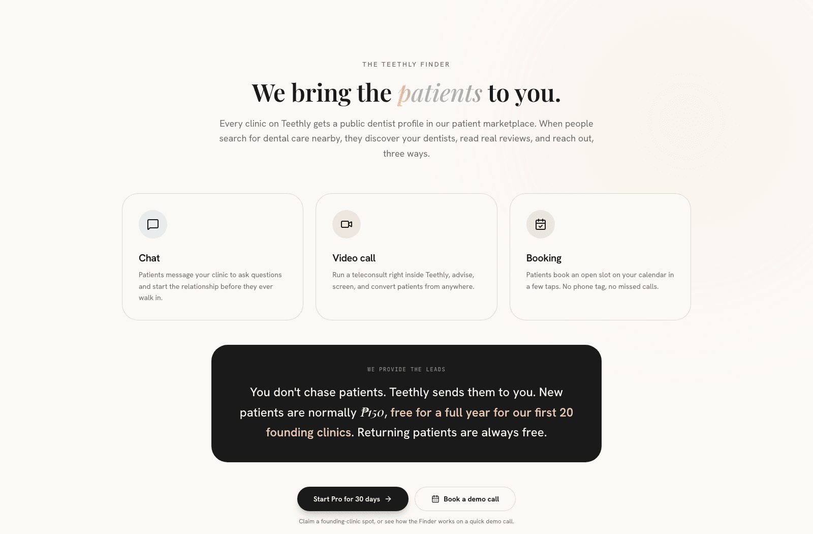 Teethly page explaining chat, video call and booking channels.