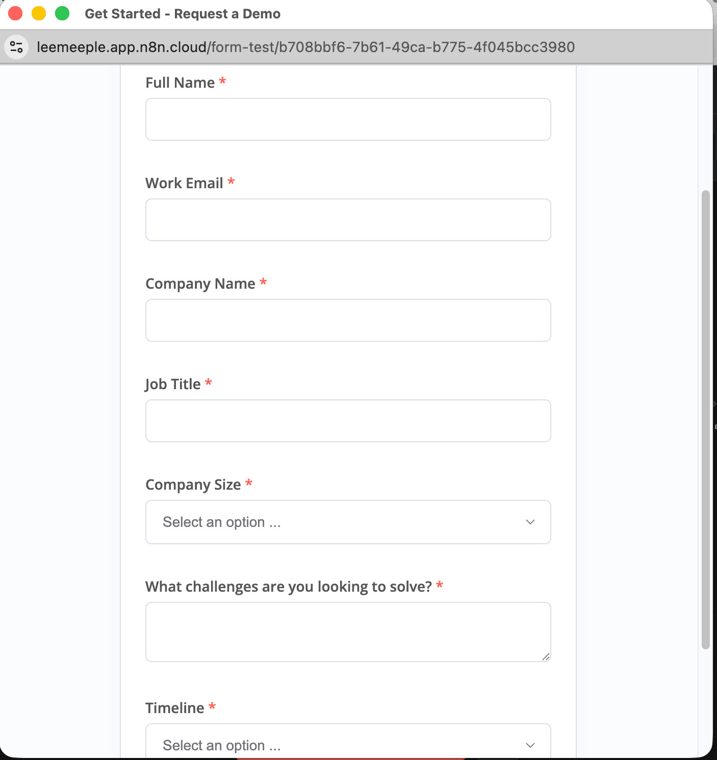An n8n-hosted 'Request a demo' form with name, work email, company, job title, company size, challenges and timeline fields.