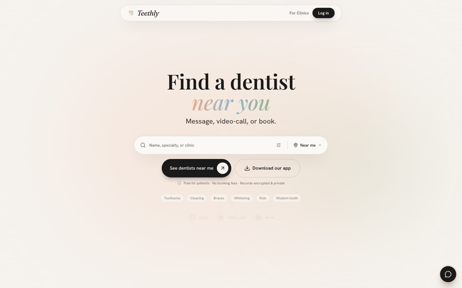 Teethly patient homepage: 'Find a dentist near you' with search.